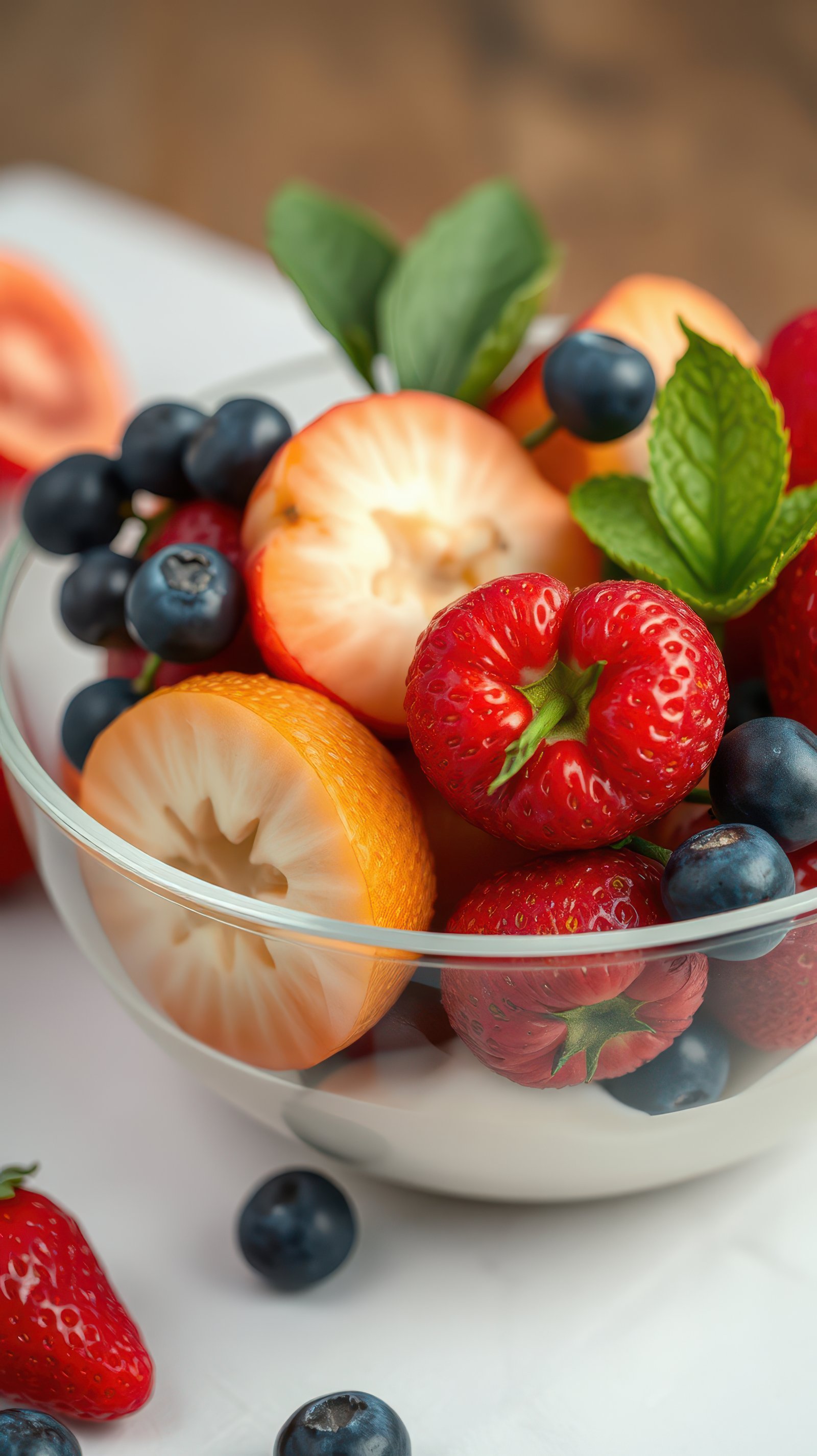 A bowl of fresh strawberries, blueberries, and orange slices sits on a white surface